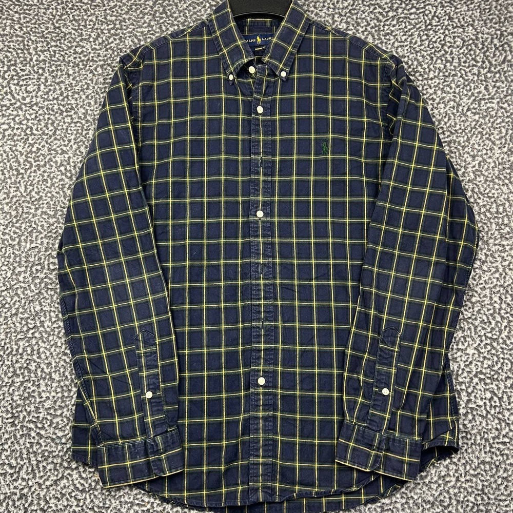 Ralph Lauren Mens Large Custom Fit Plaid Button Down Shirt Navy Yellow Cotton